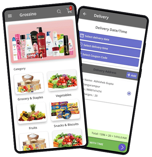 A mobile shows the different grocery, vegetable options on the e-commerce app
