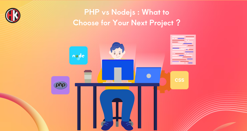 A developer in a yellow tshirt working on blue desktop with PHP,nodejs and CSS logo on it